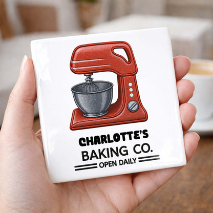 Baking Co Open Daily Custom Dough Mixer Embroidery - Personalized Custom Ceramic Coaster, Square Shape - BAKE043_SOCO