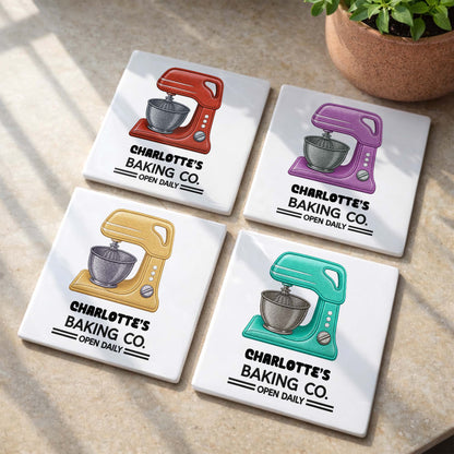 Baking Co Open Daily Custom Dough Mixer Embroidery - Personalized Custom Ceramic Coaster, Square Shape - BAKE043_SOCO