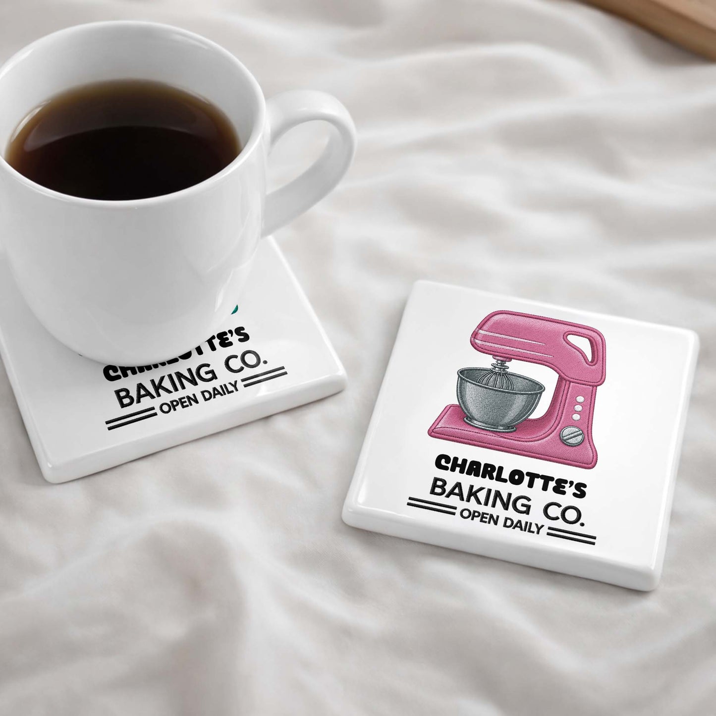 Baking Co Open Daily Custom Dough Mixer Embroidery - Personalized Custom Ceramic Coaster, Square Shape - BAKE043_SOCO