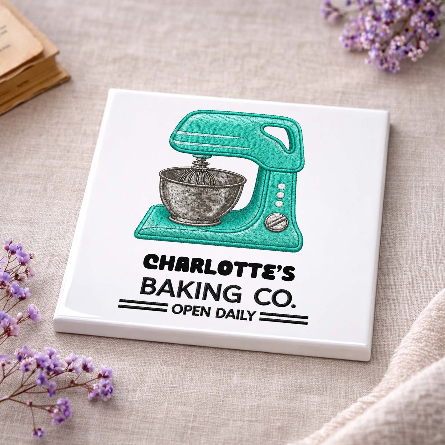 Baking Co Open Daily Custom Dough Mixer Embroidery - Personalized Custom Ceramic Coaster, Square Shape - BAKE043_SOCO