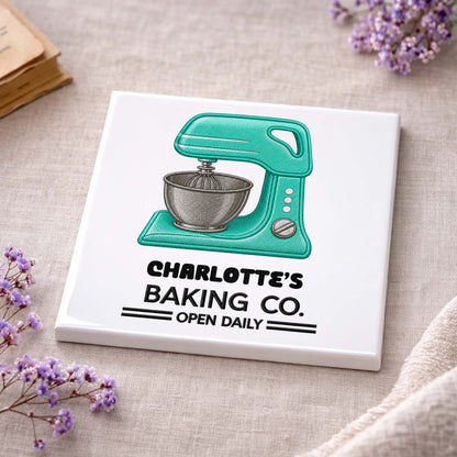 Baking Co Open Daily Custom Dough Mixer Embroidery - Personalized Custom Ceramic Coaster, Square Shape - BAKE043_SOCO