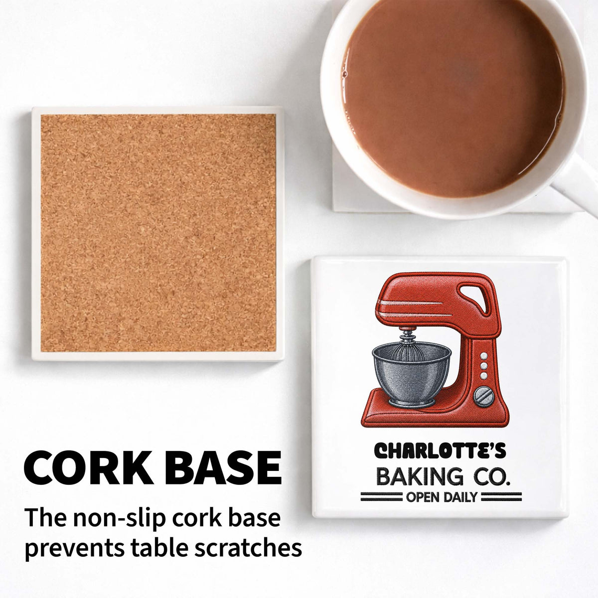 Baking Co Open Daily Custom Dough Mixer Embroidery - Personalized Custom Ceramic Coaster, Square Shape - BAKE043_SOCO