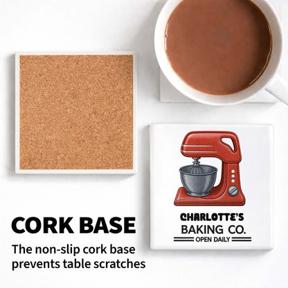 Baking Co Open Daily Custom Dough Mixer Embroidery - Personalized Custom Ceramic Coaster, Square Shape - BAKE043_SOCO
