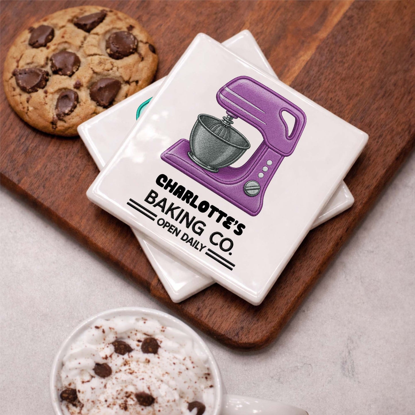 Baking Co Open Daily Custom Dough Mixer Embroidery - Personalized Custom Ceramic Coaster, Square Shape - BAKE043_SOCO