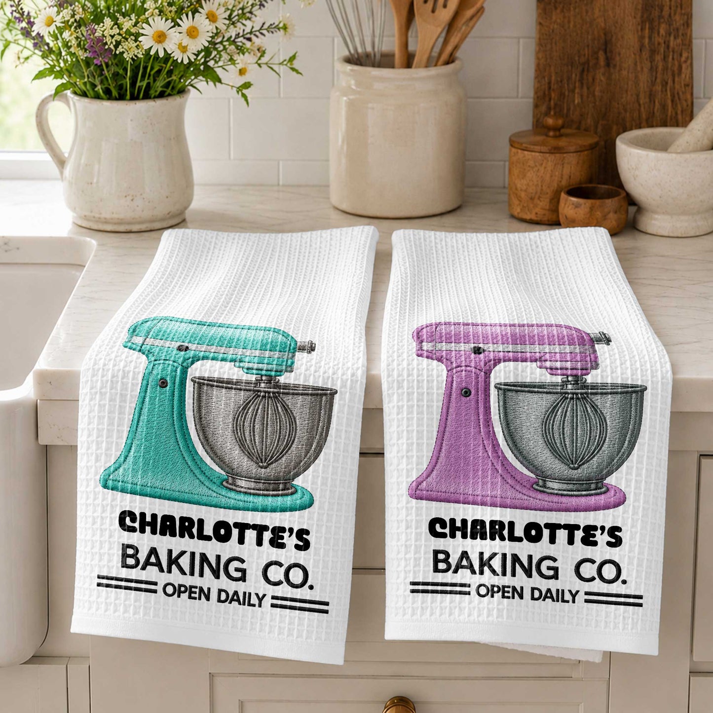 Baking Co. Open Daily Custom Name Dough Mixer 3D Embroidery - Personalized Kitchen Towel - BAKE043_TOWL