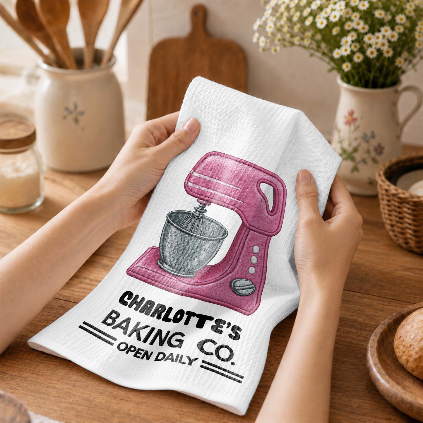Baking Co. Open Daily Custom Name Dough Mixer 3D Embroidery - Personalized Kitchen Towel - BAKE043_TOWL
