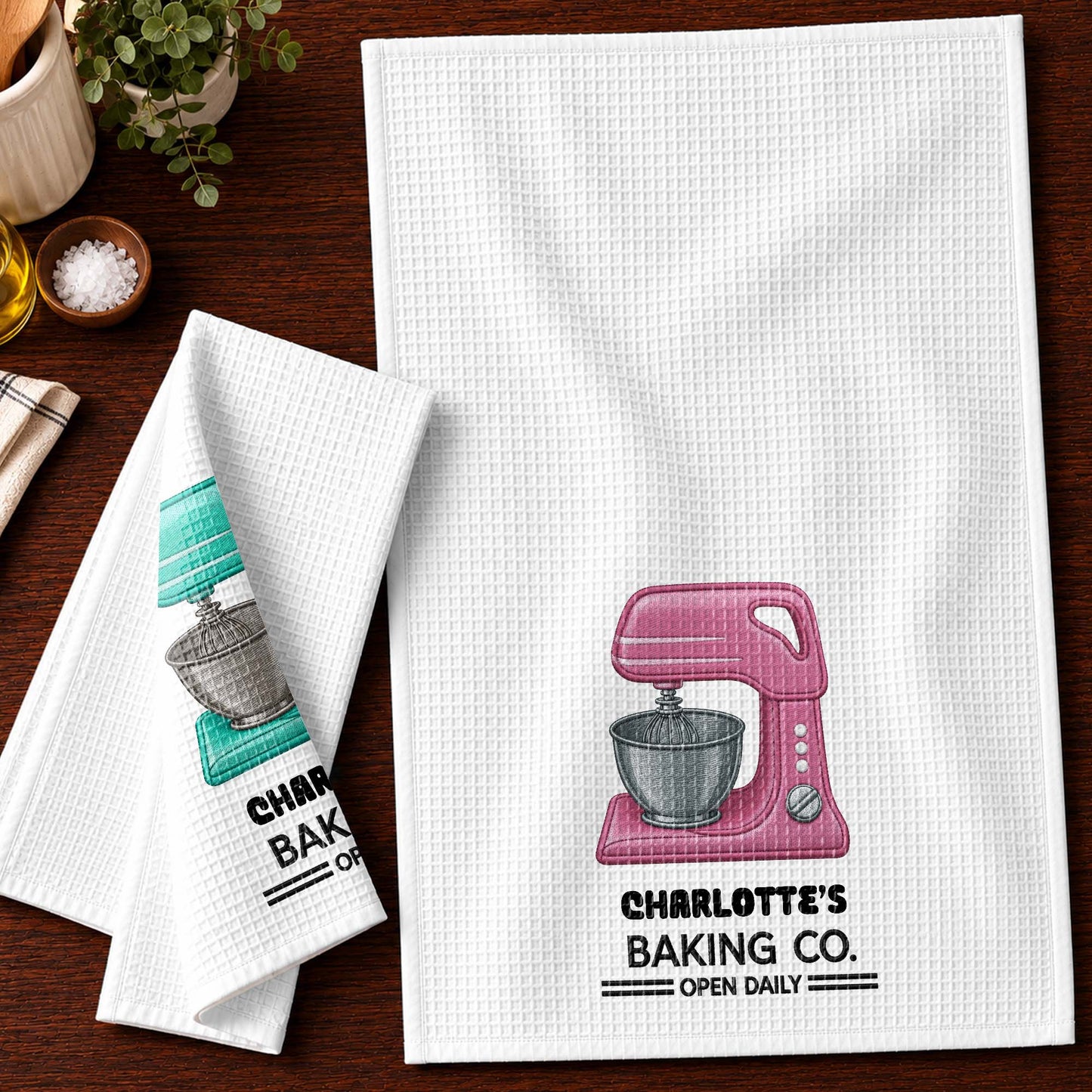 Baking Co. Open Daily Custom Name Dough Mixer 3D Embroidery - Personalized Kitchen Towel - BAKE043_TOWL
