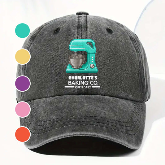 Baking Co Open Daily Custom Name Dough Mixer - Personalized Custom Washed Denim Cap - BAKE043_WDCAP
