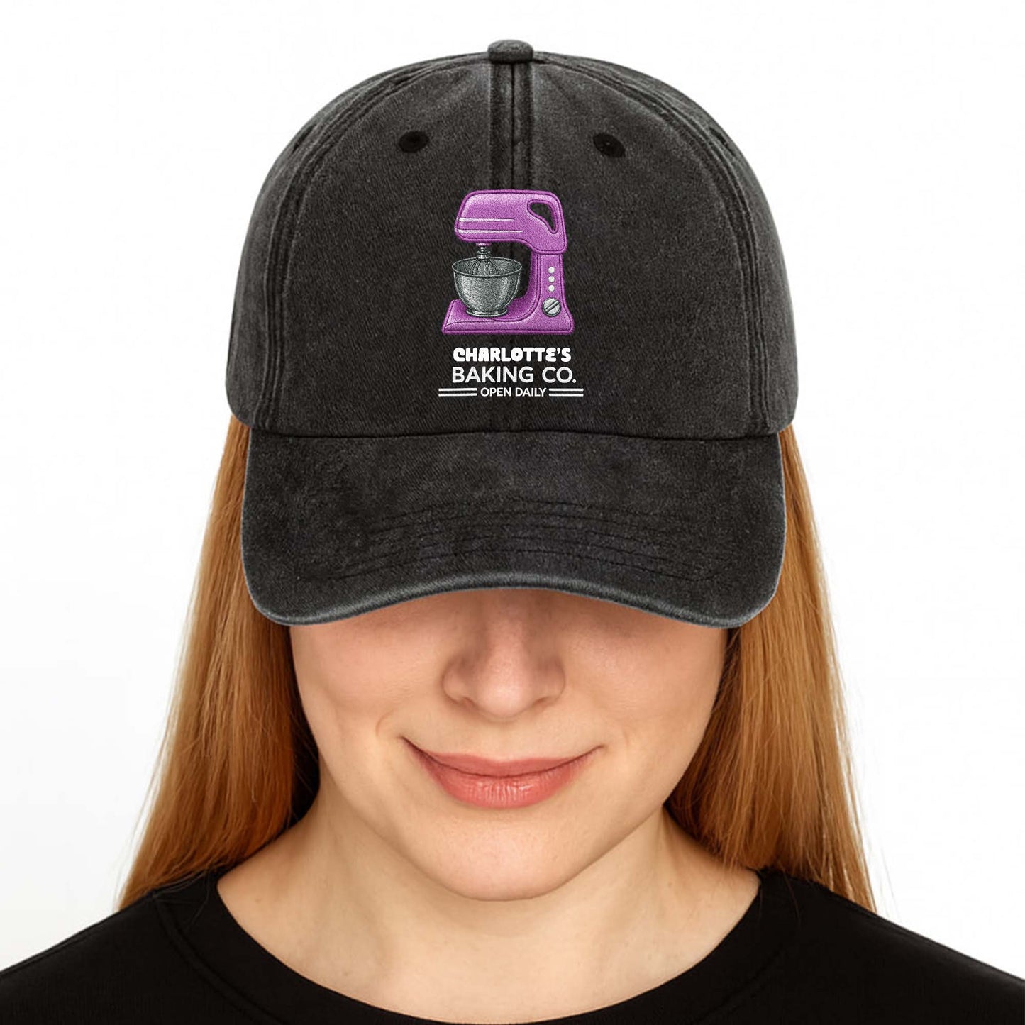 Baking Co Open Daily Custom Name Dough Mixer - Personalized Custom Washed Denim Cap - BAKE043_WDCAP
