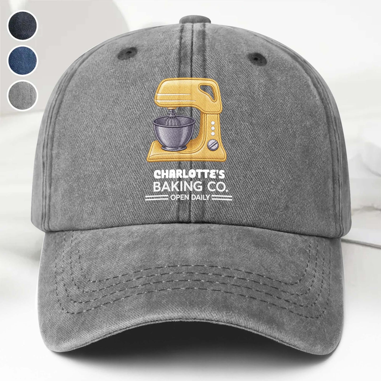 Baking Co Open Daily Custom Name Dough Mixer - Personalized Custom Washed Denim Cap - BAKE043_WDCAP
