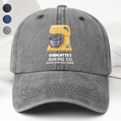 Baking Co Open Daily Custom Name Dough Mixer - Personalized Custom Washed Denim Cap - BAKE043_WDCAP