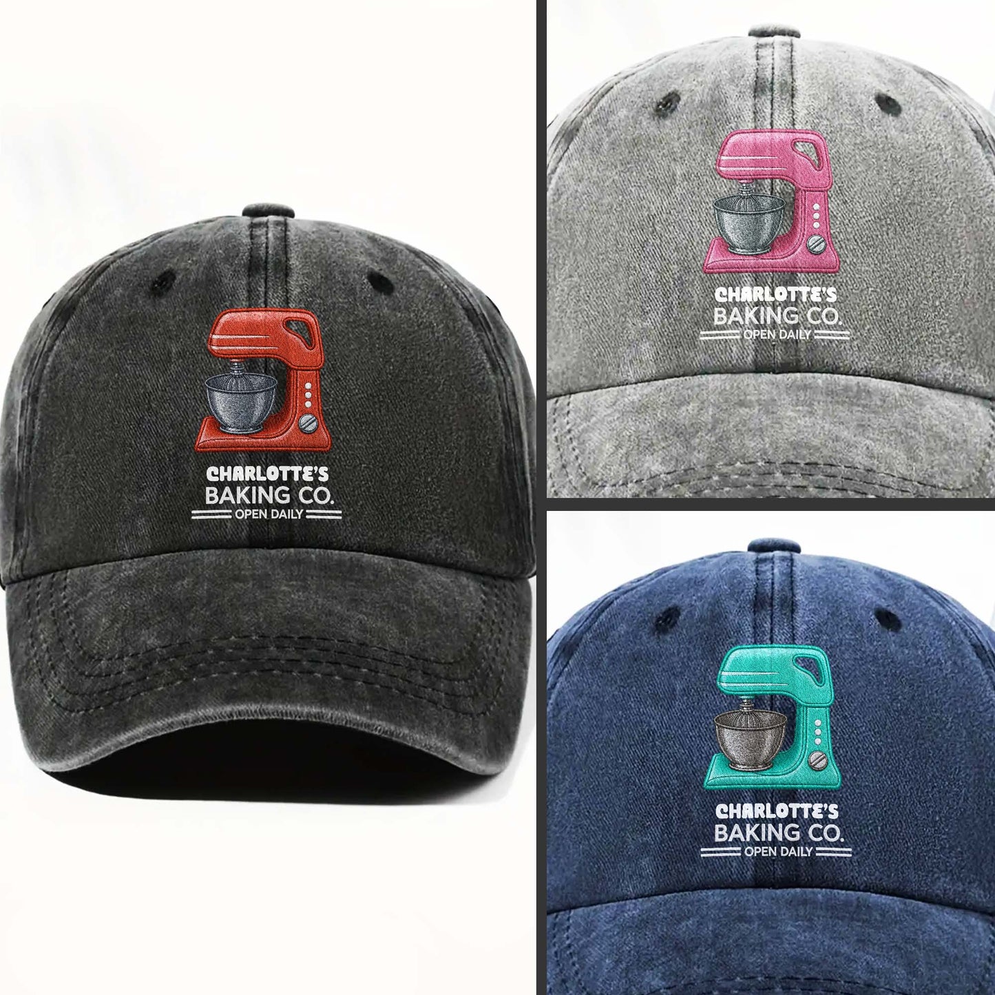 Baking Co Open Daily Custom Name Dough Mixer - Personalized Custom Washed Denim Cap - BAKE043_WDCAP