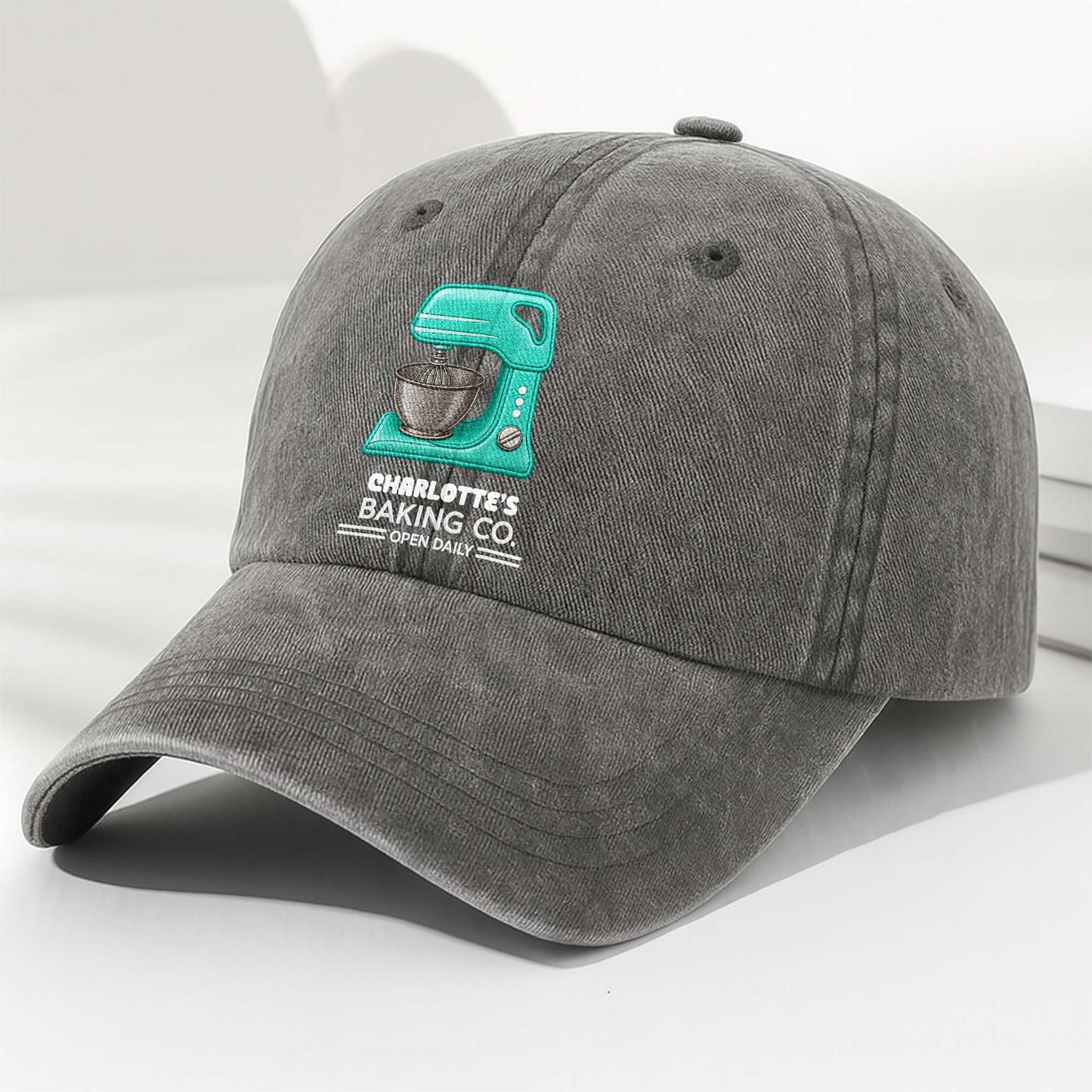 Baking Co Open Daily Custom Name Dough Mixer - Personalized Custom Washed Denim Cap - BAKE043_WDCAP
