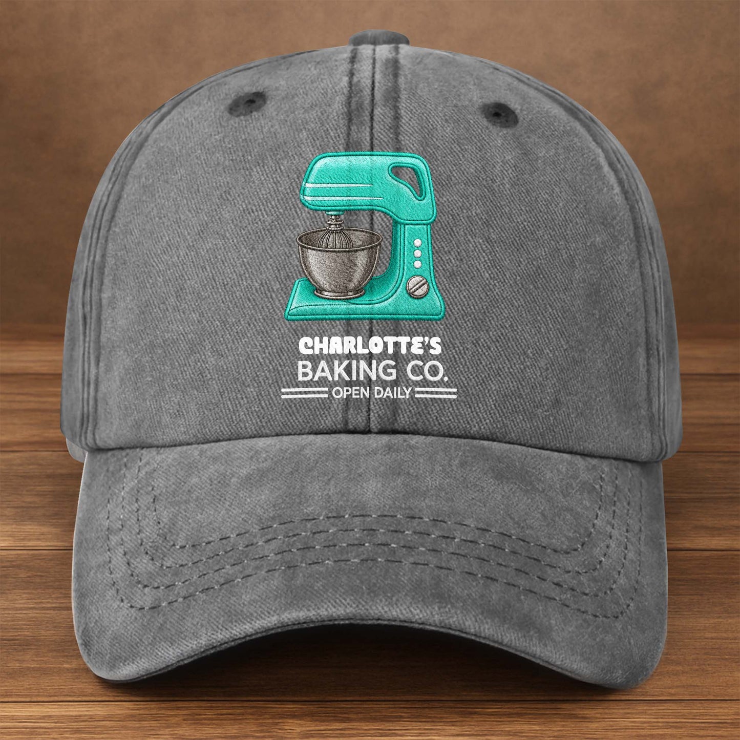 Baking Co Open Daily Custom Name Dough Mixer - Personalized Custom Washed Denim Cap - BAKE043_WDCAP