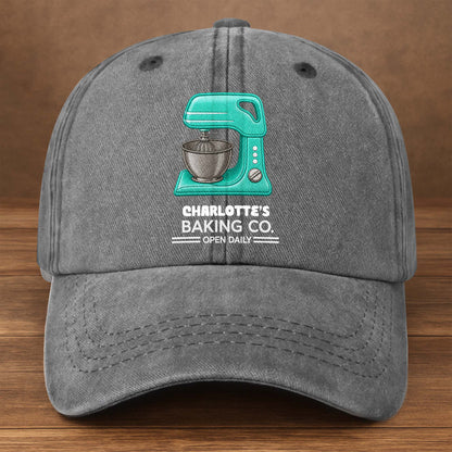 Baking Co Open Daily Custom Name Dough Mixer - Personalized Custom Washed Denim Cap - BAKE043_WDCAP
