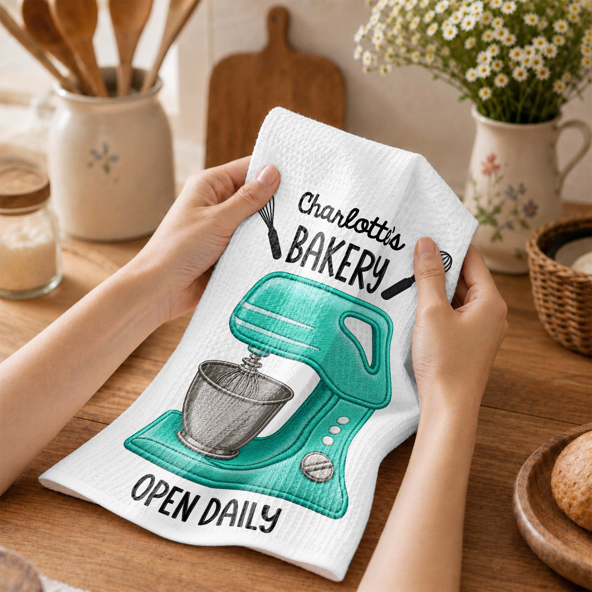 My Bakery Open Daily With Dough Mixer And Whisks - Personalized Kitchen Towel - BAKE058_TOWL