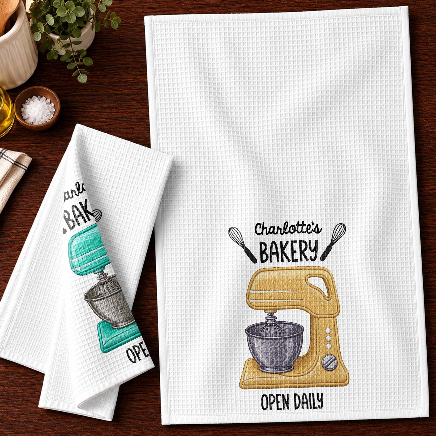 My Bakery Open Daily With Dough Mixer And Whisks - Personalized Kitchen Towel - BAKE058_TOWL