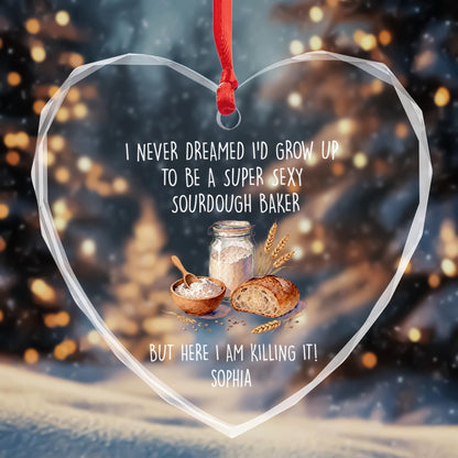 Super Sexy Sourdough Baker Bread And Wheat Heart Design - Personalized Heart Glass Ornament - BAKE078_HEGOR