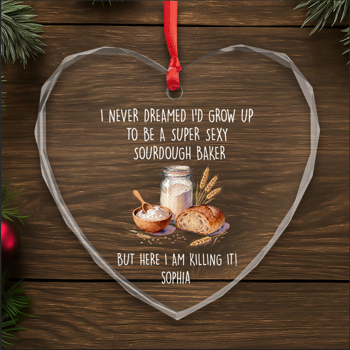 Super Sexy Sourdough Baker Bread And Wheat Heart Design - Personalized Heart Glass Ornament - BAKE078_HEGOR