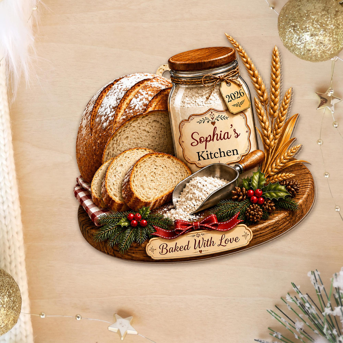 Baked With Love Kitchen Sourdough Bread And Flour Jar - Personalized Custom Wood Ornament, Custom Shaped - BAKE089_WDO
