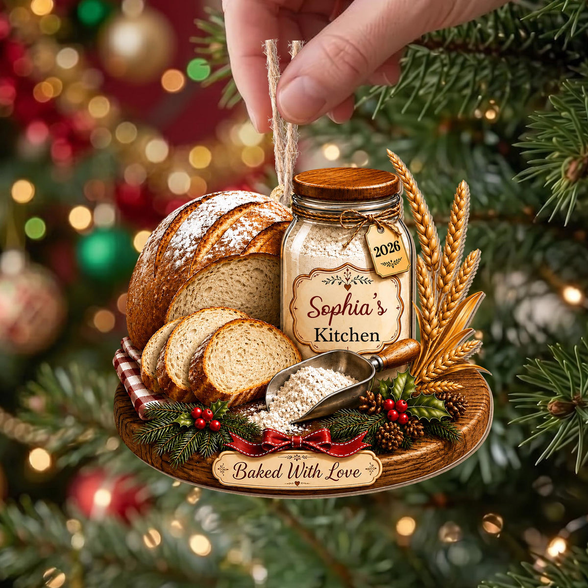 Baked With Love Kitchen Sourdough Bread And Flour Jar - Personalized Custom Wood Ornament, Custom Shaped - BAKE089_WDO
