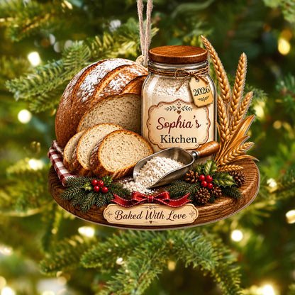 Baked With Love Kitchen Sourdough Bread And Flour Jar - Personalized Custom Wood Ornament, Custom Shaped - BAKE089_WDO