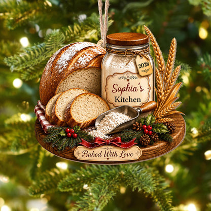 Baked With Love Kitchen Sourdough Bread And Flour Jar - Personalized Custom Wood Ornament, Custom Shaped - BAKE089_WDO