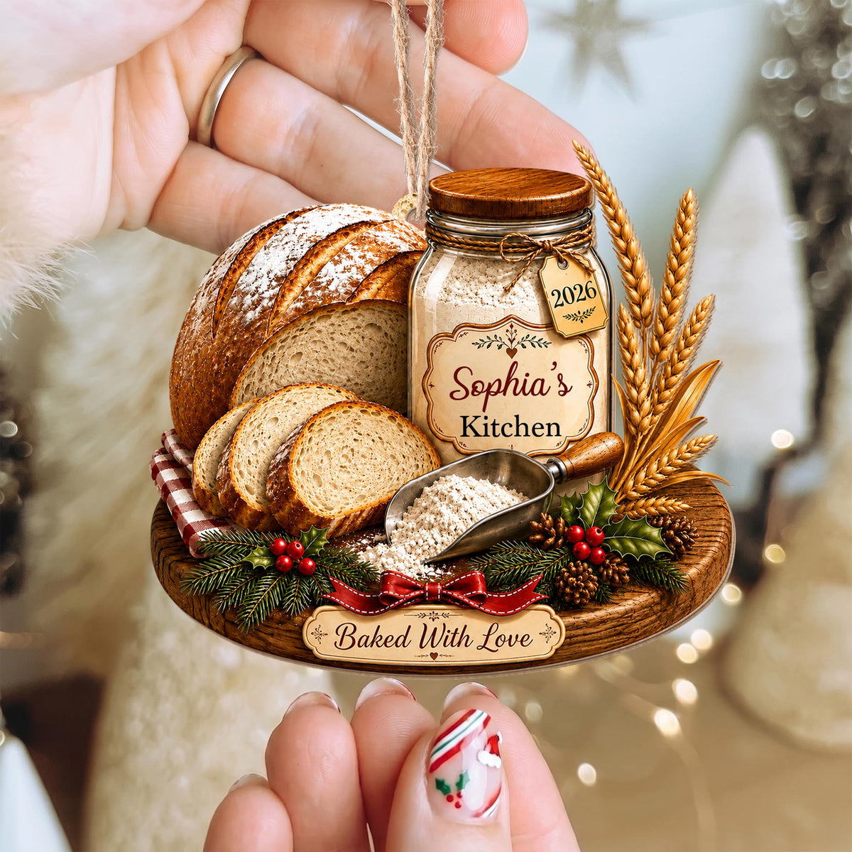 Baked With Love Kitchen Sourdough Bread And Flour Jar - Personalized Custom Wood Ornament, Custom Shaped - BAKE089_WDO