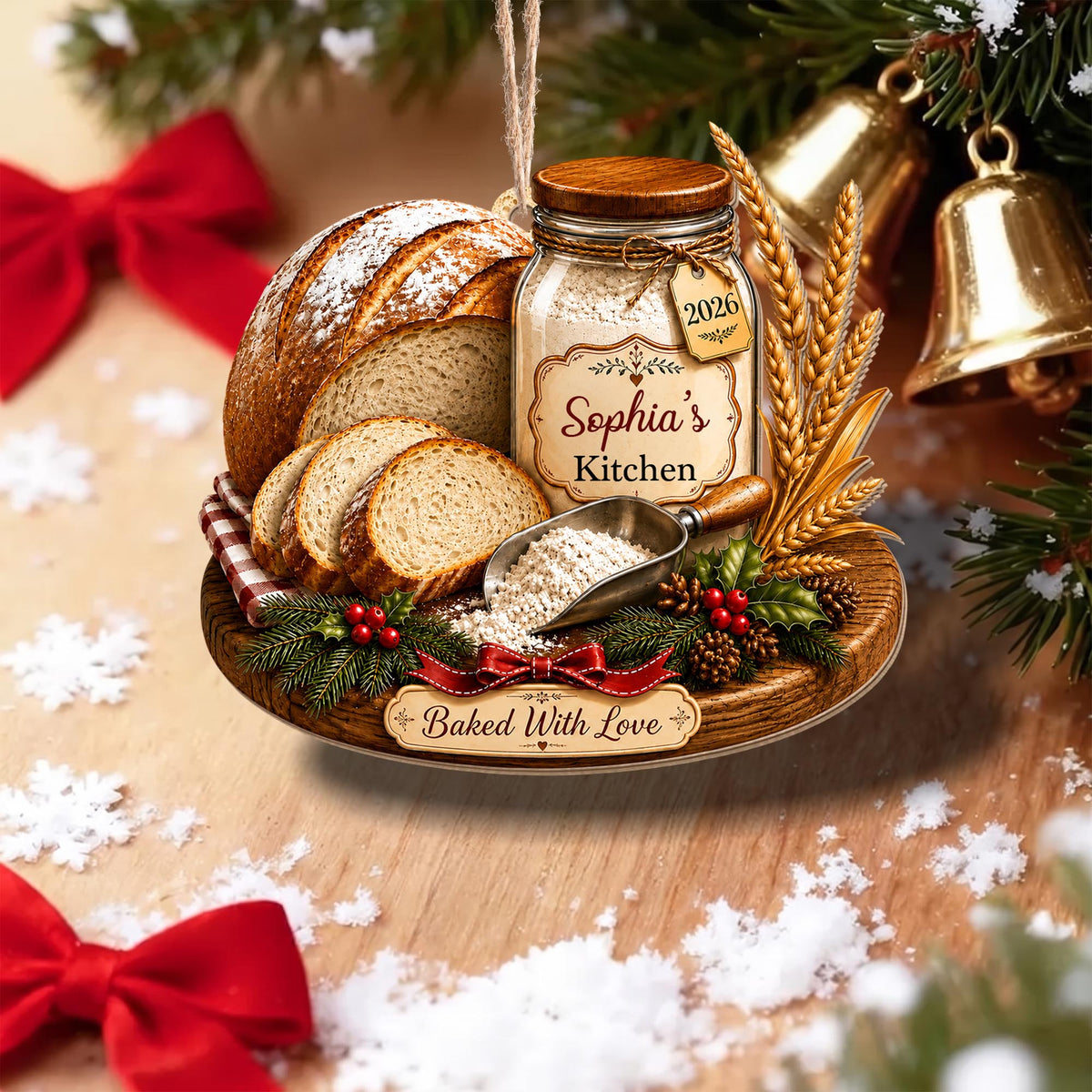 Baked With Love Kitchen Sourdough Bread And Flour Jar - Personalized Custom Wood Ornament, Custom Shaped - BAKE089_WDO