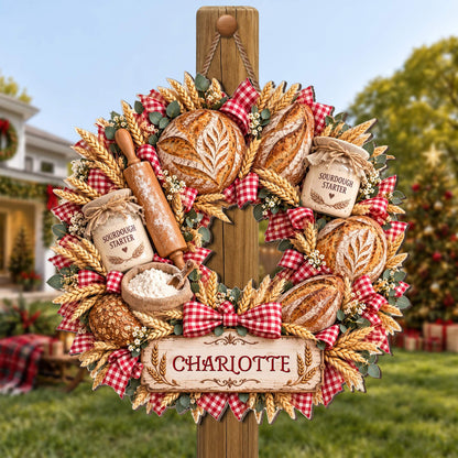 Sourdough Starter Bread Baker Wreath With Wheat And Rolling Pin - Personalized Custom Shaped Wood Sign - BAKE158_WSIGN