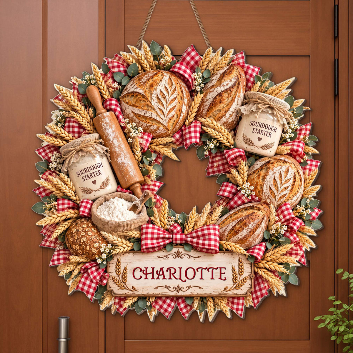 Sourdough Starter Bread Baker Wreath With Wheat And Rolling Pin - Personalized Custom Shaped Wood Sign - BAKE158_WSIGN
