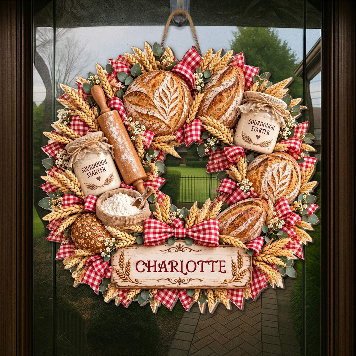 Sourdough Starter Bread Baker Wreath With Wheat And Rolling Pin - Personalized Custom Shaped Wood Sign - BAKE158_WSIGN