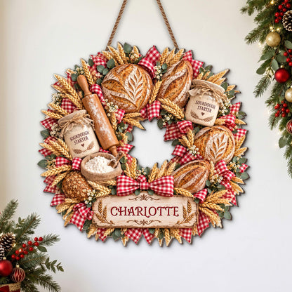 Sourdough Starter Bread Baker Wreath With Wheat And Rolling Pin - Personalized Custom Shaped Wood Sign - BAKE158_WSIGN