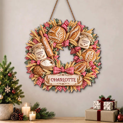 Sourdough Starter Bread Baker Wreath With Wheat And Rolling Pin - Personalized Custom Shaped Wood Sign - BAKE158_WSIGN