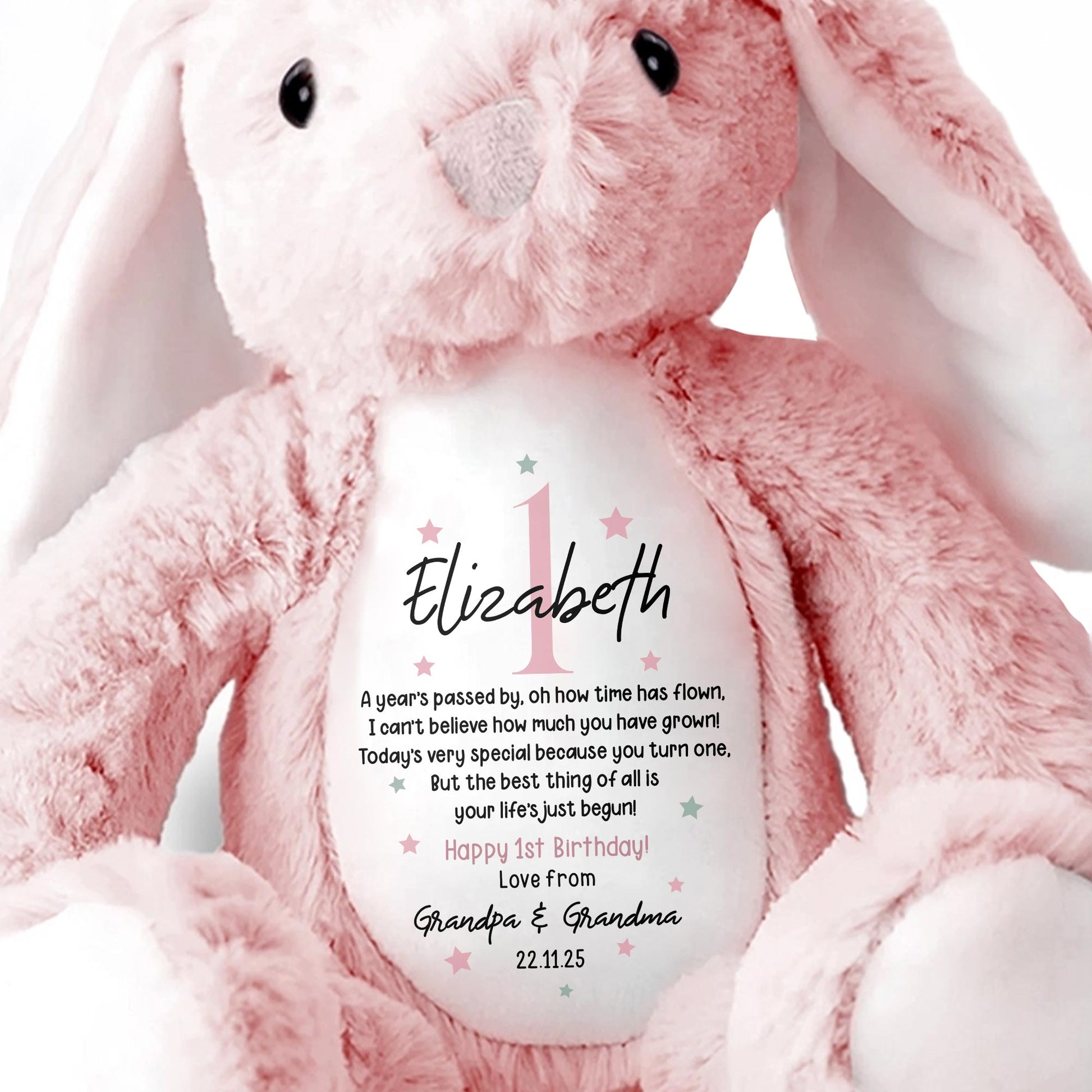 A Year's Passed By, Oh How Time Has Flown, Happy 1st Birthday, Personalized Stuffed Bunny With Stars