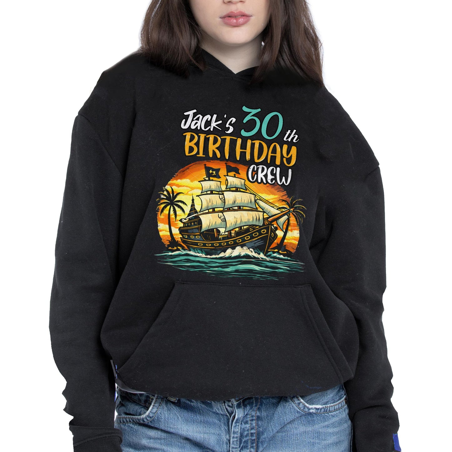 Birthday Crew Pirate Ship Sailboat And Palm Trees - Personalized Custom Unisex T-shirt, Hoodie - BDAY014_BBAS