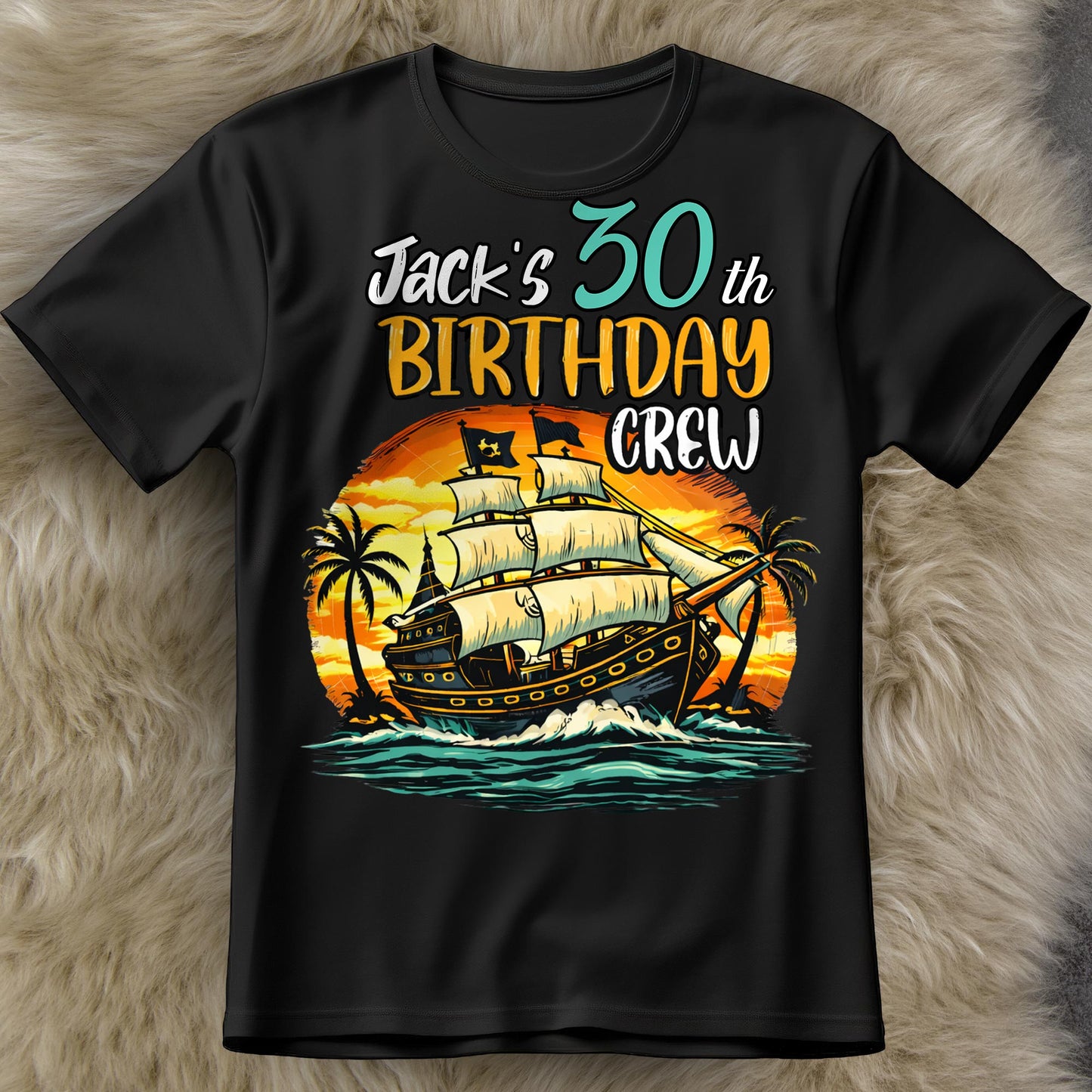 Birthday Crew Pirate Ship Sailboat And Palm Trees - Personalized Custom Unisex T-shirt, Hoodie - BDAY014_BBAS