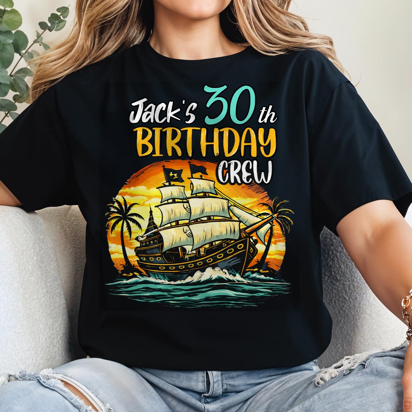 Birthday Crew Pirate Ship Sailboat And Palm Trees - Personalized Custom Unisex T-shirt, Hoodie - BDAY014_BBAS