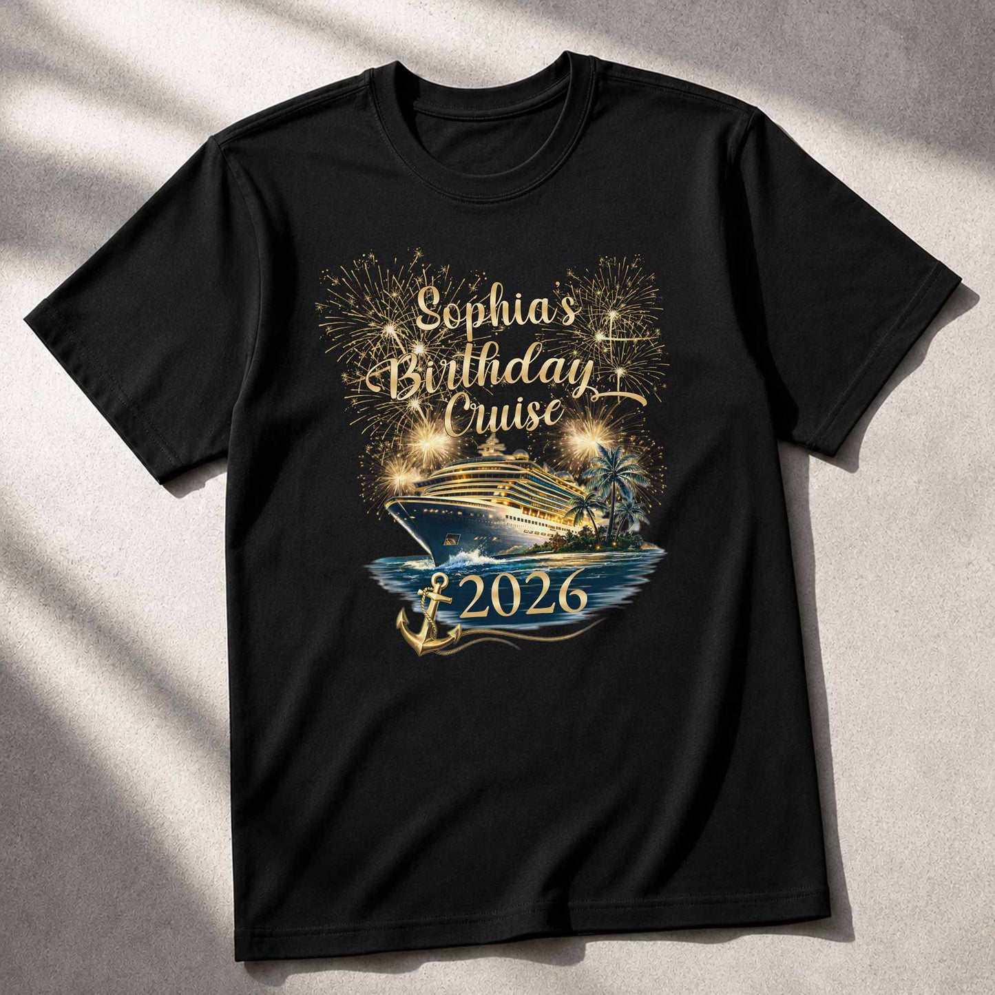Birthday Cruise With Fireworks And Cruise Ship Design - Personalized Custom Unisex T-shirt, Hoodie - BDAY026_BBAS