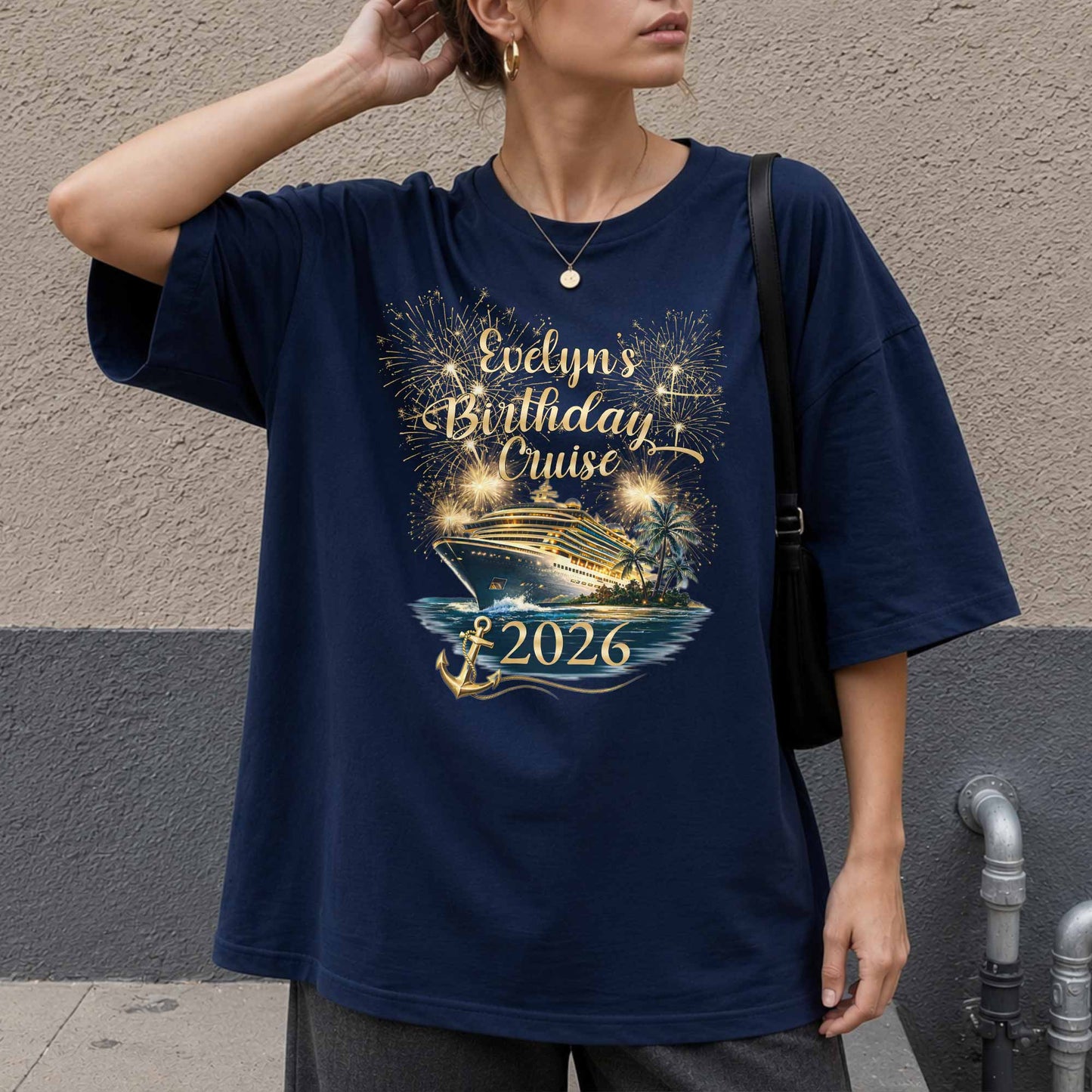 Birthday Cruise With Fireworks And Cruise Ship Design - Personalized Custom Unisex T-shirt, Hoodie - BDAY026_BBAS