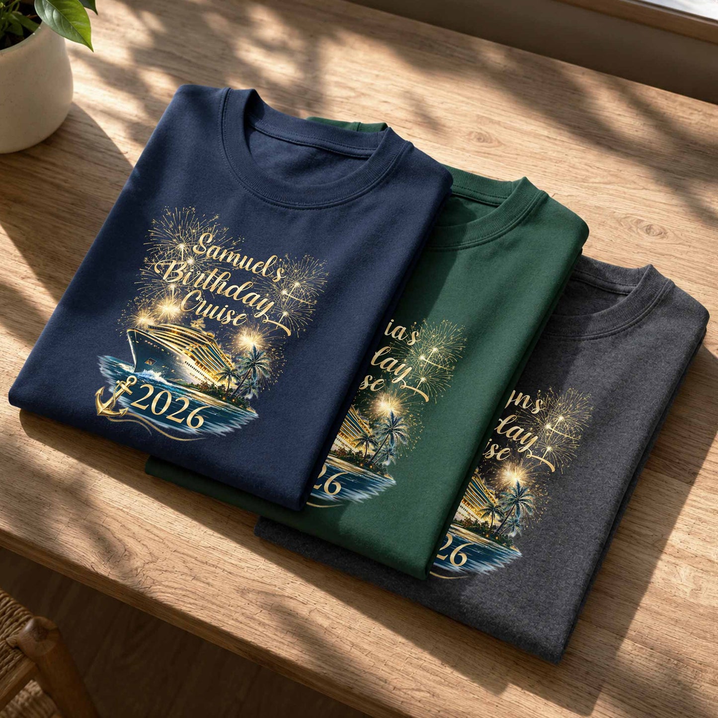 Birthday Cruise With Fireworks And Cruise Ship Design - Personalized Custom Unisex T-shirt, Hoodie - BDAY026_BBAS