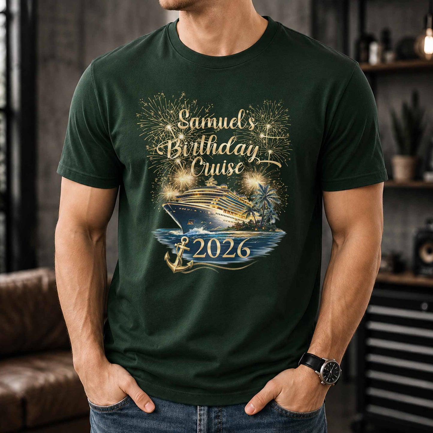 Birthday Cruise With Fireworks And Cruise Ship Design - Personalized Custom Unisex T-shirt, Hoodie - BDAY026_BBAS
