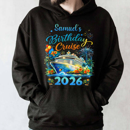 Birthday Cruise With Ship Tropical Flowers And Fireworks - Personalized Custom Unisex T-shirt, Hoodie - BDAY028_BBAS