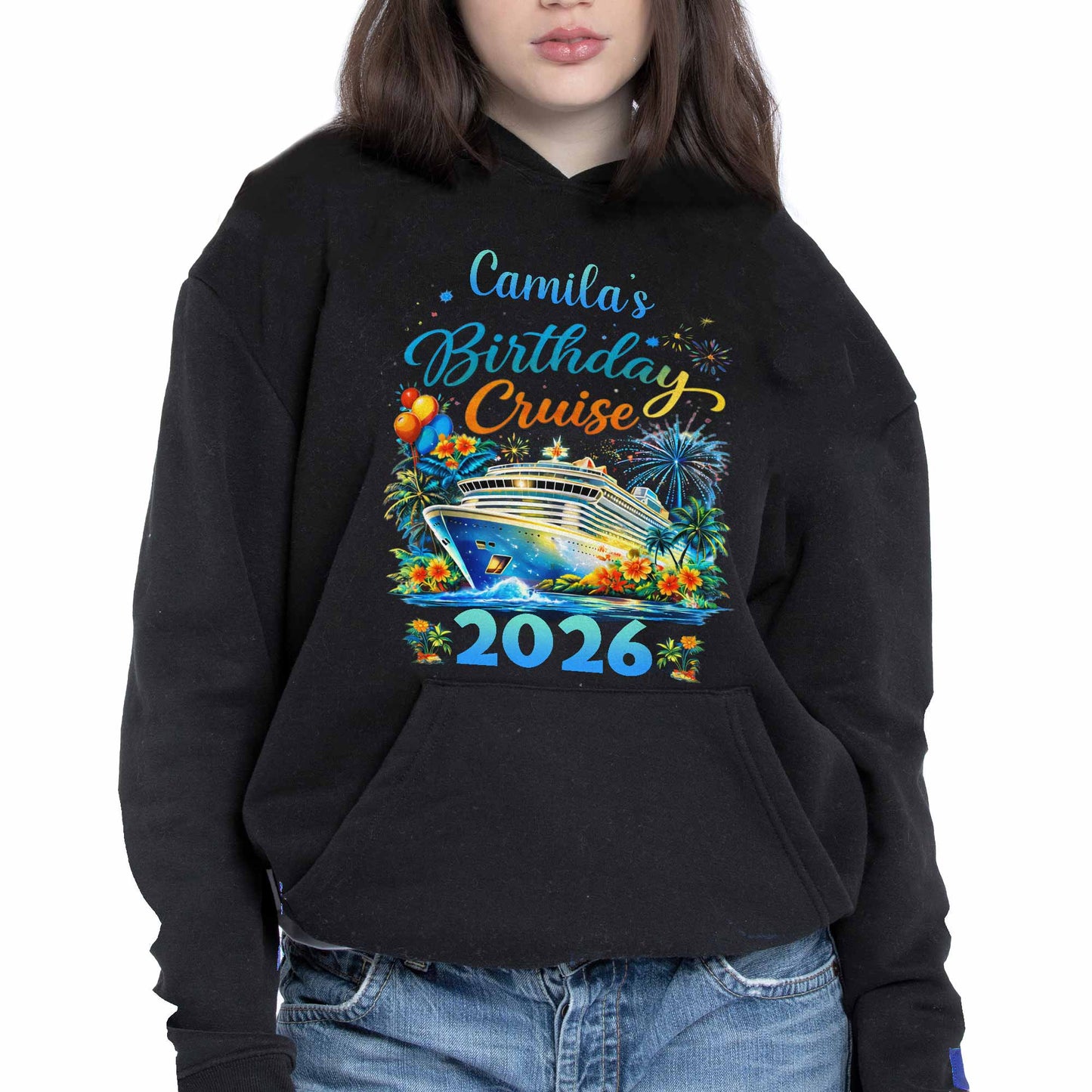 Birthday Cruise With Ship Tropical Flowers And Fireworks - Personalized Custom Unisex T-shirt, Hoodie - BDAY028_BBAS