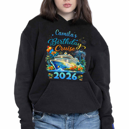 Birthday Cruise With Ship Tropical Flowers And Fireworks - Personalized Custom Unisex T-shirt, Hoodie - BDAY028_BBAS