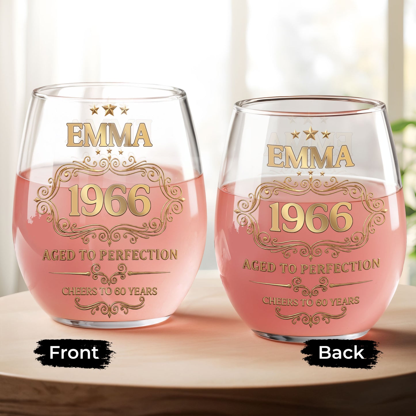 Aged To Perfection Cheers To Many Years Gold Stars And Filigree - Personalized Stemless Wine Glass - BDAY038_WIGL