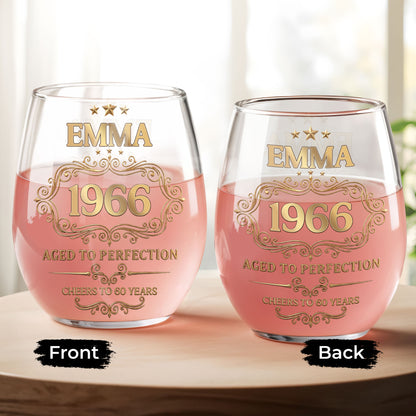 Aged To Perfection Cheers To Many Years Gold Stars And Filigree - Personalized Stemless Wine Glass - BDAY038_WIGL