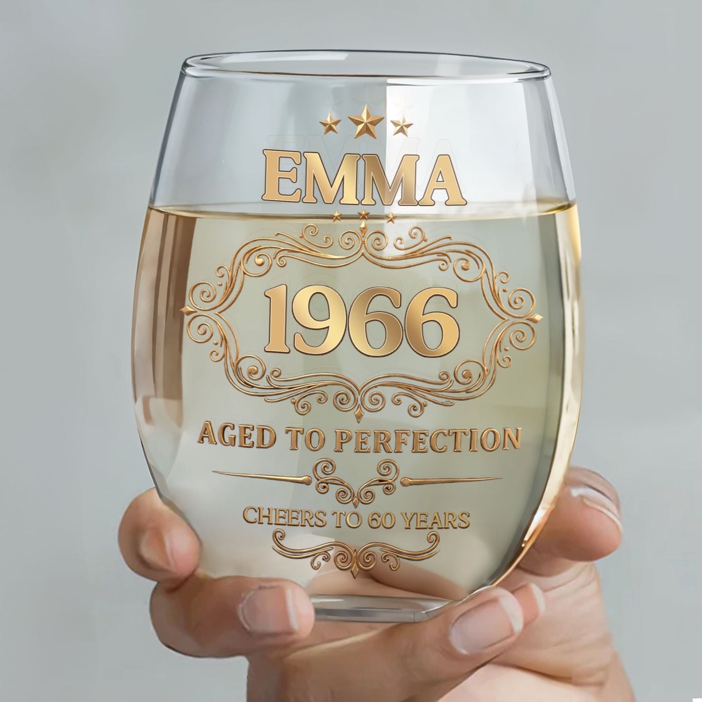Aged To Perfection Cheers To Many Years Gold Stars And Filigree - Personalized Stemless Wine Glass - BDAY038_WIGL