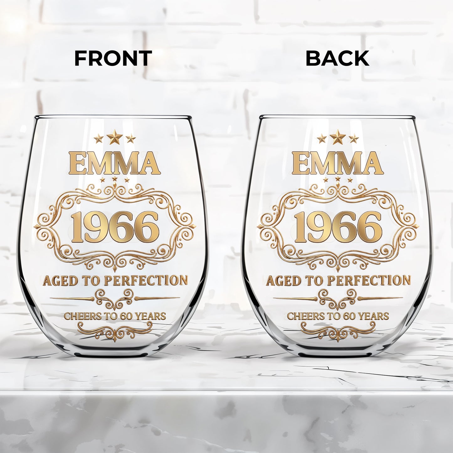 Aged To Perfection Cheers To Many Years Gold Stars And Filigree - Personalized Stemless Wine Glass - BDAY038_WIGL