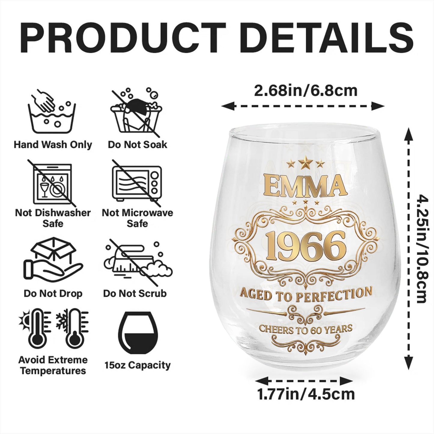 Aged To Perfection Cheers To Many Years Gold Stars And Filigree - Personalized Stemless Wine Glass - BDAY038_WIGL